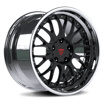 Custom 2-piece deep lip forged wheels with black finish and shiny chrome lip, suitable for luxury and sports cars.